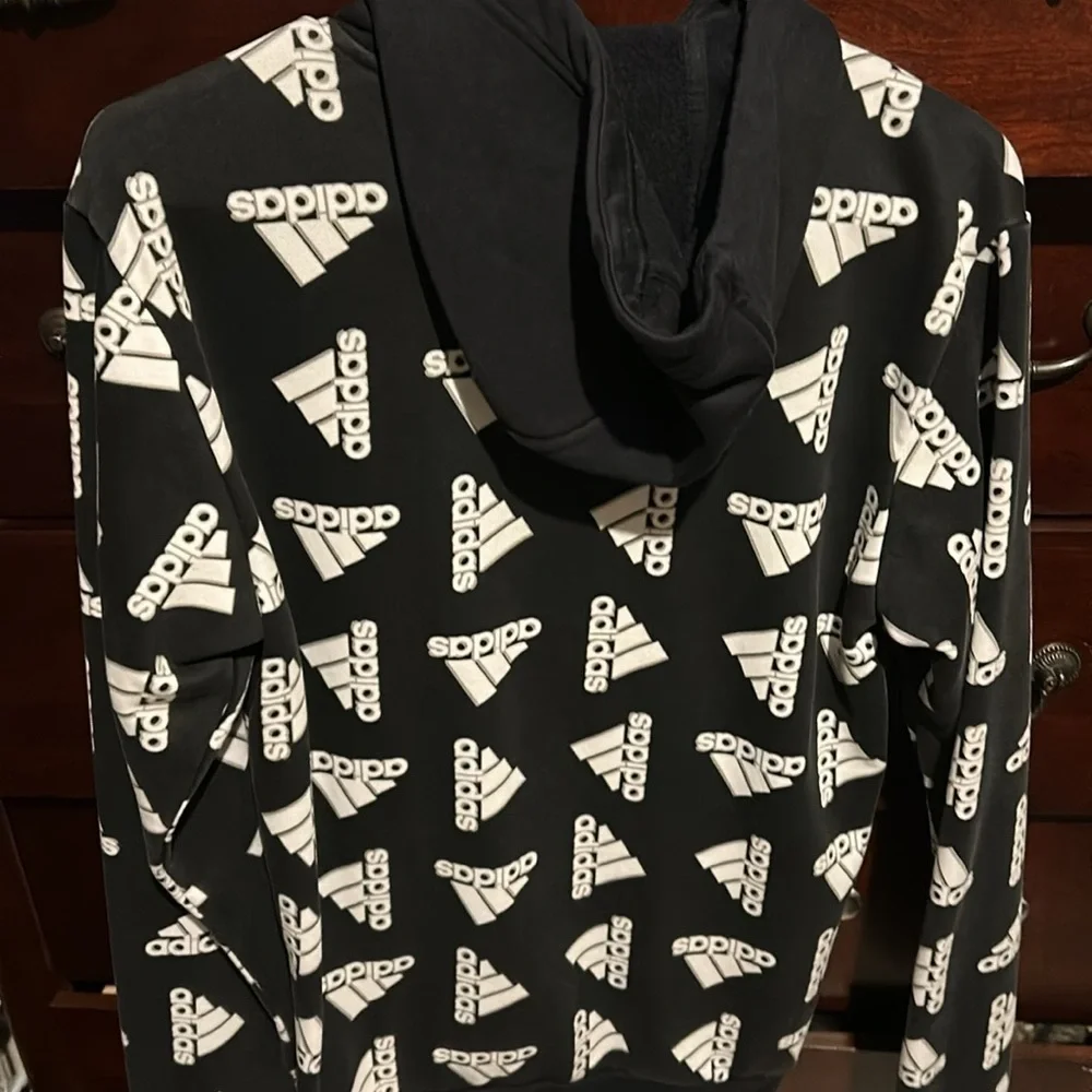 Adidas All Over Print Fleece Hoodie M Black New NWT Sweater Long Sleeves Large